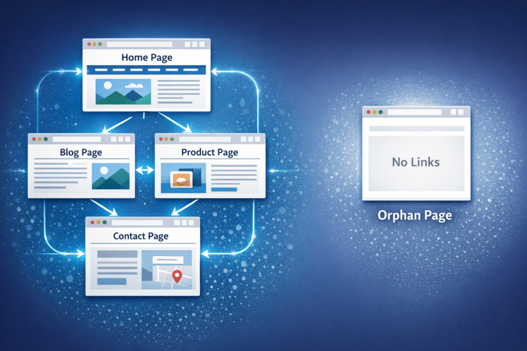 technical SEO crawl graph visualization showing connected pages network and one orphan page without internal links
