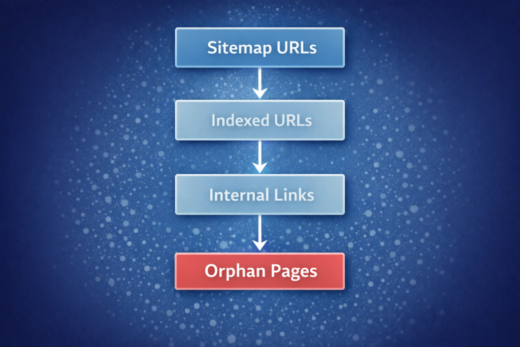 technical SEO workflow diagram showing how to detect orphan pages using sitemap URLs indexed pages and internal link analysis