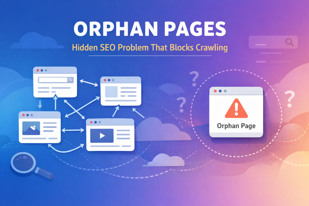SEO diagram showing website pages connected through internal links with one isolated orphan page outside the site structure