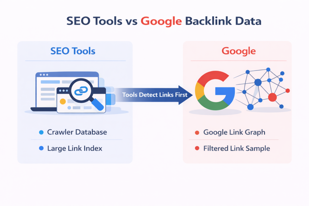 backlinks not showing in google search console explanation diagram
seo tools vs google search console backlink data comparison diagram