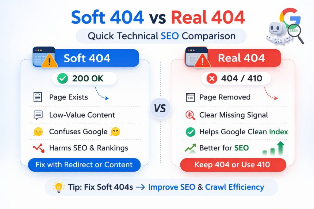 technical comparison showing soft 404 vs real 404 and when to fix soft 404 error using redirects or proper status codes