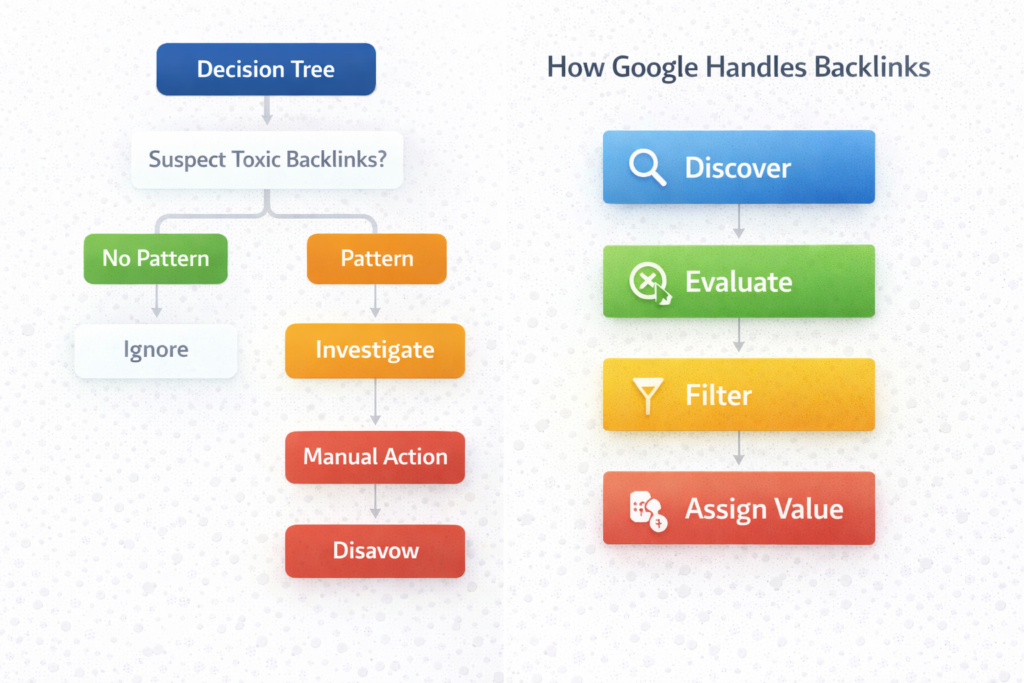Do toxic backlinks hurt small websites decision tree showing when to ignore investigate or disavow backlinks