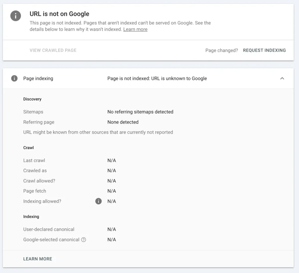 URL inspection result showing page discovered but not indexed in Google Search Console