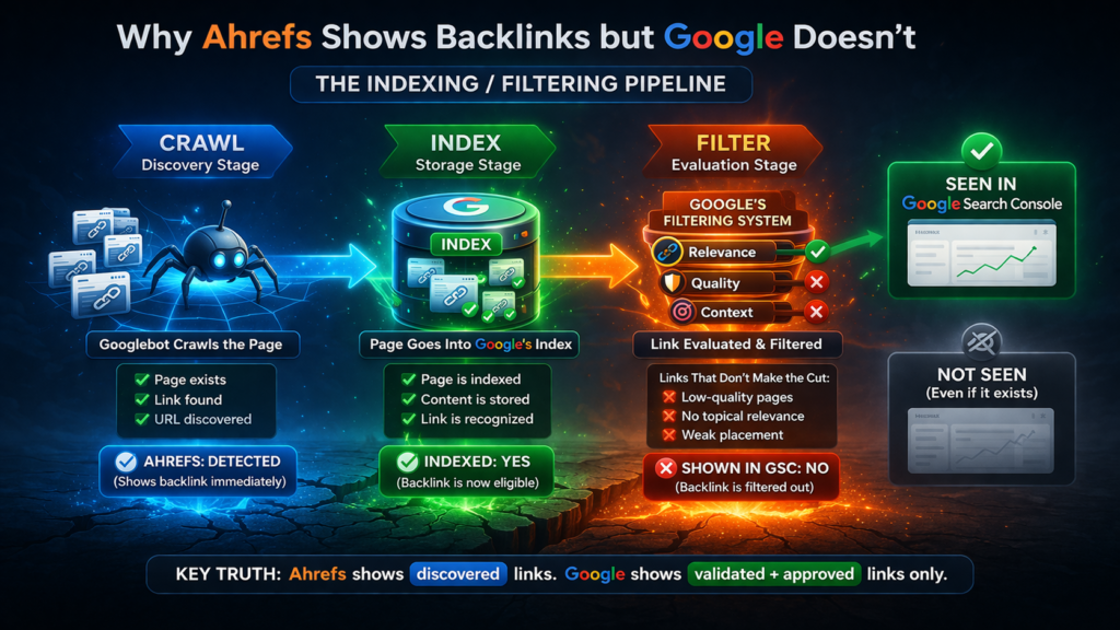why ahrefs shows backlinks but google doesn’t indexing process