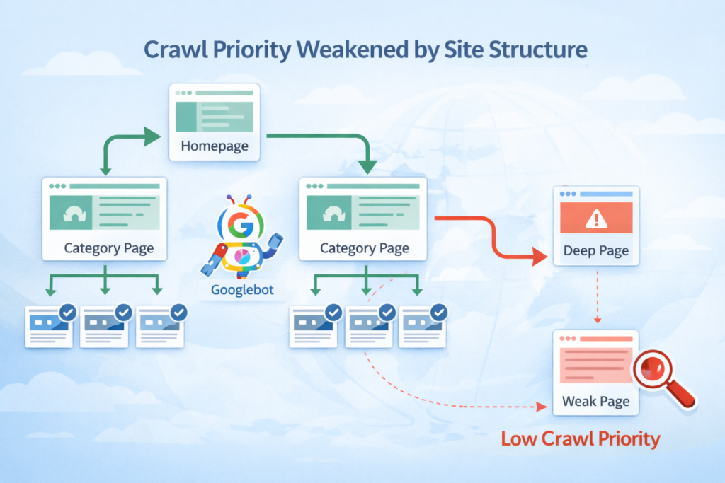 crawl priority structure diagram explaining why sitemap urls ignored by google due to deep pages and weak internal linking