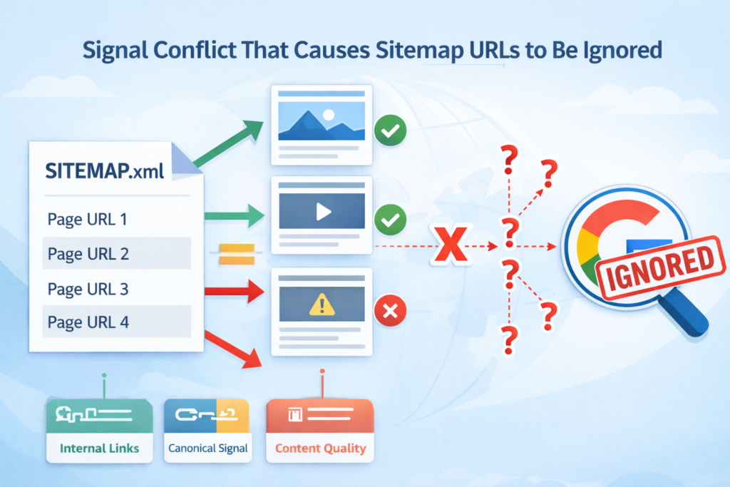 technical SEO diagram showing why sitemap urls ignored by google due to internal links canonical signals and content quality conflict