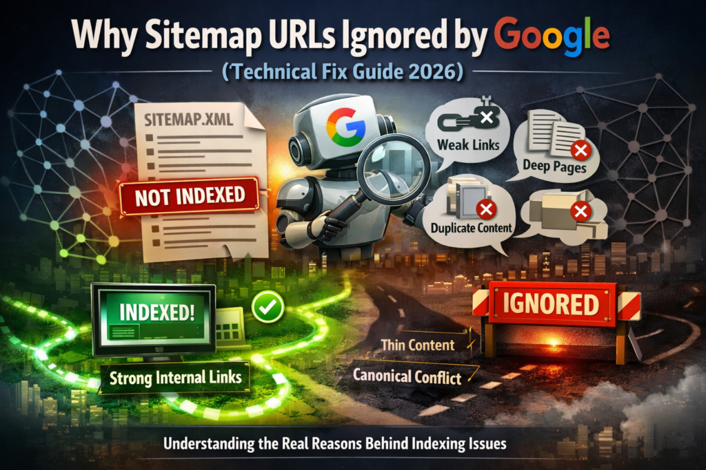 diagram explaining why sitemap urls ignored by google showing sitemap file and indexed vs ignored pages