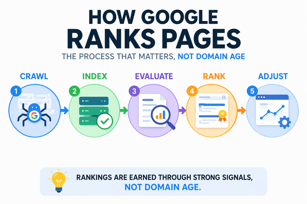 Does domain age matter for SEO diagram showing crawl index evaluate rank adjust process