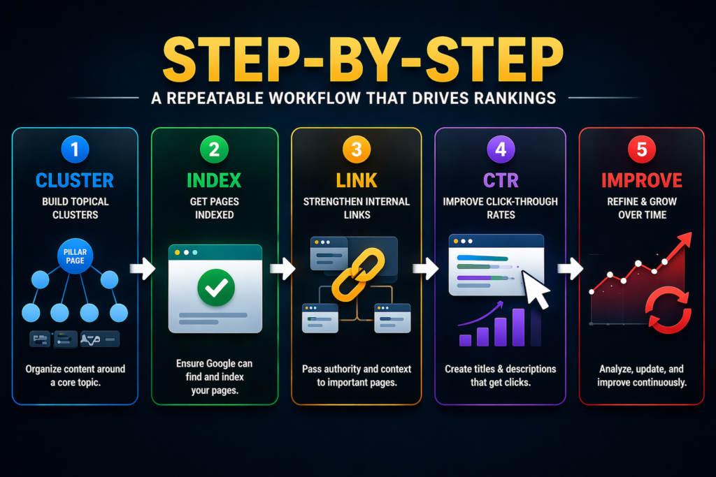 Does domain age matter for SEO step by step workflow showing cluster index link ctr improve