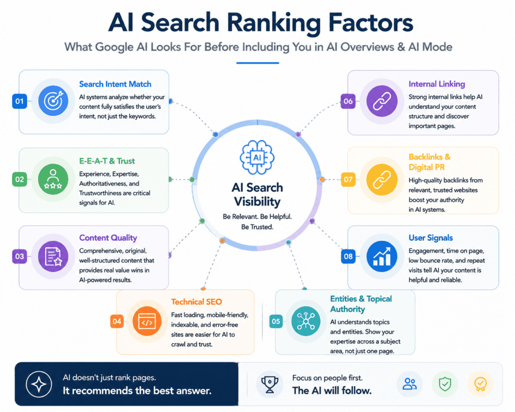 Google AI Search ranking factors including relevance authority content quality and technical SEO